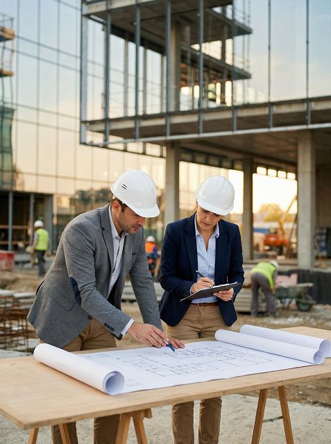 Tragwerksplanung, Bauleitung und Gutachten aus einer Hand Statiker, Bauleiter und Sachverständiger auf Baustelle