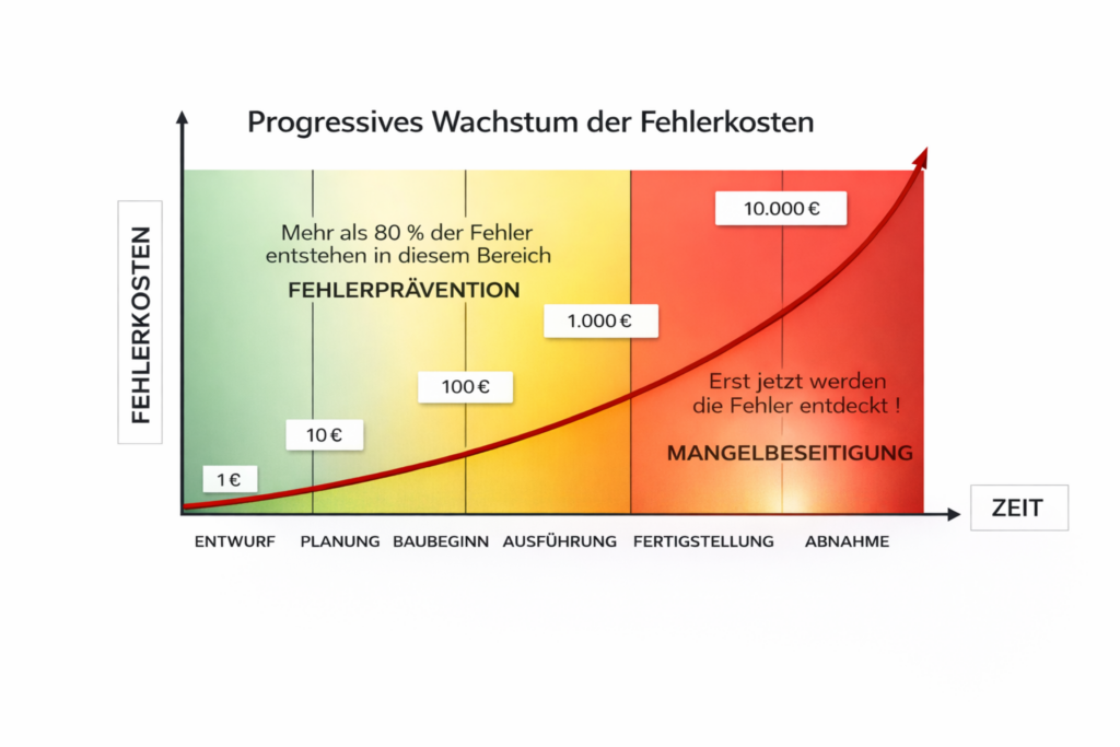 Diagramm zu steigenden Fehlerkosten im Bauwesen bei fehlender Planung und Bauüberwachung