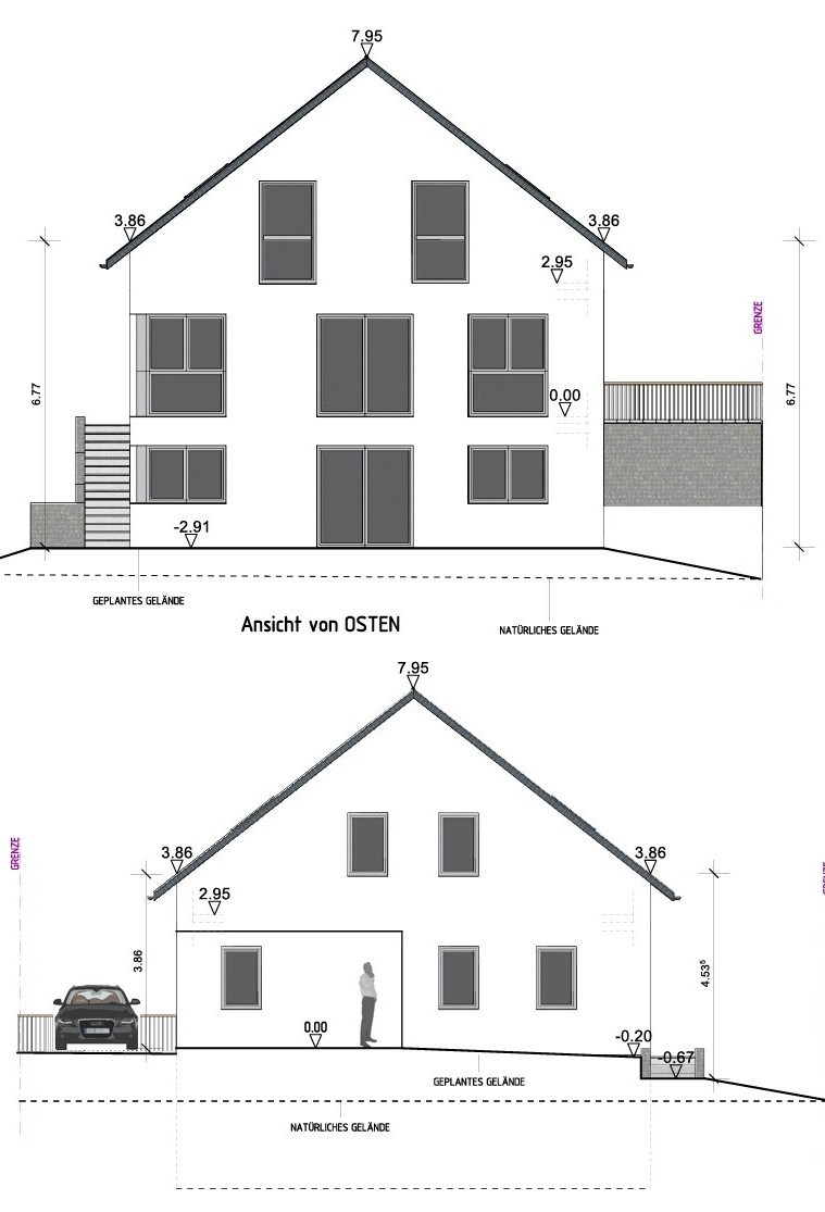 Ansicht Einfamilienhaus Neubau in Siegen – statische Planung und Bauleitung mit Terrasse und Pool